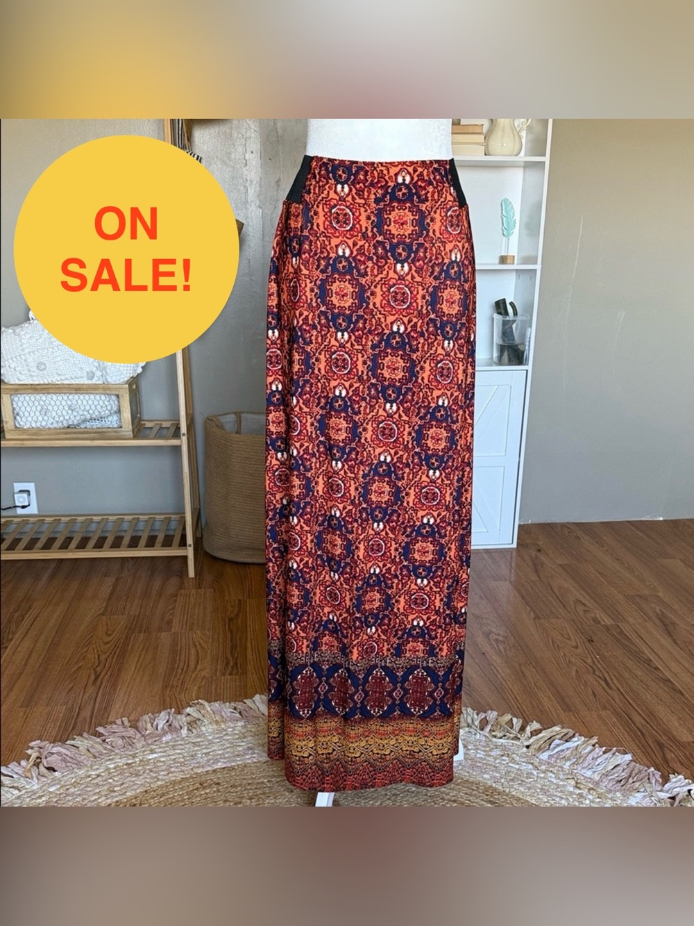 Cato Retro Bohemian Maxi Skirt in Red Orange